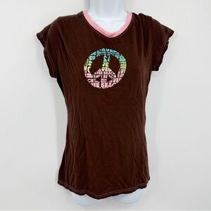 Vintage Y2K Brown Peace Sign Short Sleeve Shirt Size Juniors Large